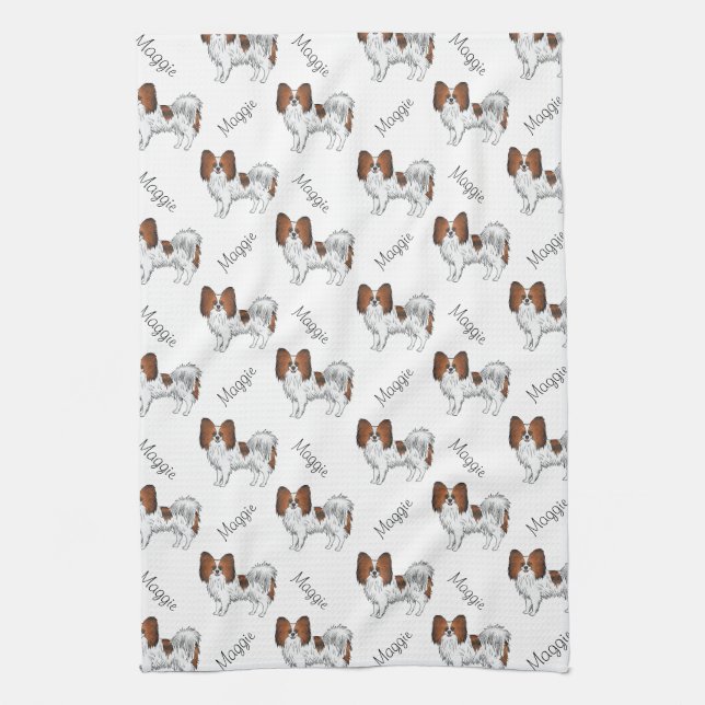 Red Sable Papillon Cartoon Dog Pattern With Name Kitchen Towel (Vertical)