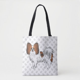 Red Sable Papillon Cartoon Dog With Paw Pattern Tote Bag
