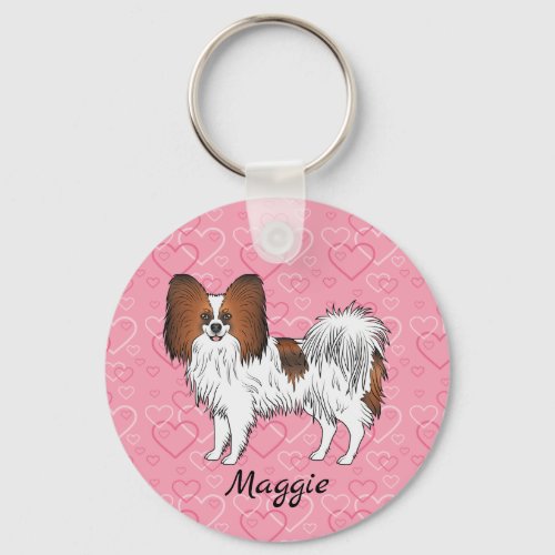 Red Sable Papillon Cute Cartoon Dog On Pink Hearts Keychain