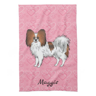 Red Sable Papillon Cute Cartoon Dog On Pink Hearts Kitchen Towel