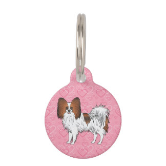 Red Sable Papillon Cute Cartoon Dog On Pink Hearts Pet ID Tag