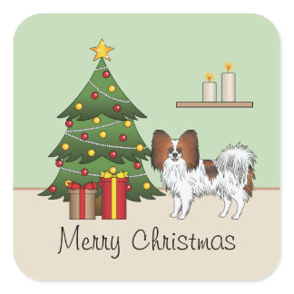 Red Sable Papillon Cute Dog By A Christmas Tree Square Sticker