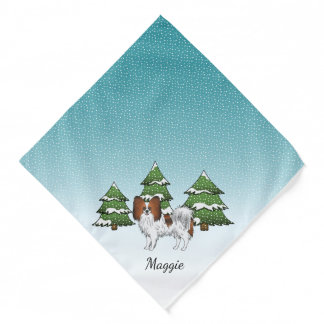 Red Sable Papillon Cute Dog In A Winter Forest Bandana