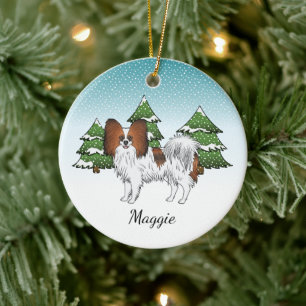 Red Sable Papillon Cute Dog In A Winter Forest Ceramic Ornament