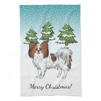 Red Sable Papillon Cute Dog In A Winter Forest Kitchen Towel