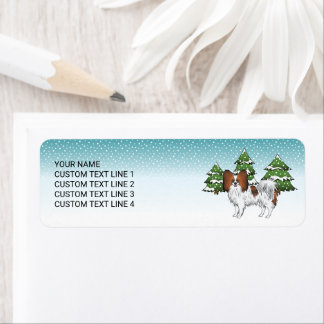 Red Sable Papillon Cute Dog In A Winter Forest Label