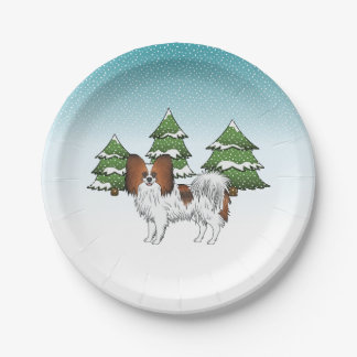 Red Sable Papillon Cute Dog In A Winter Forest Paper Plates