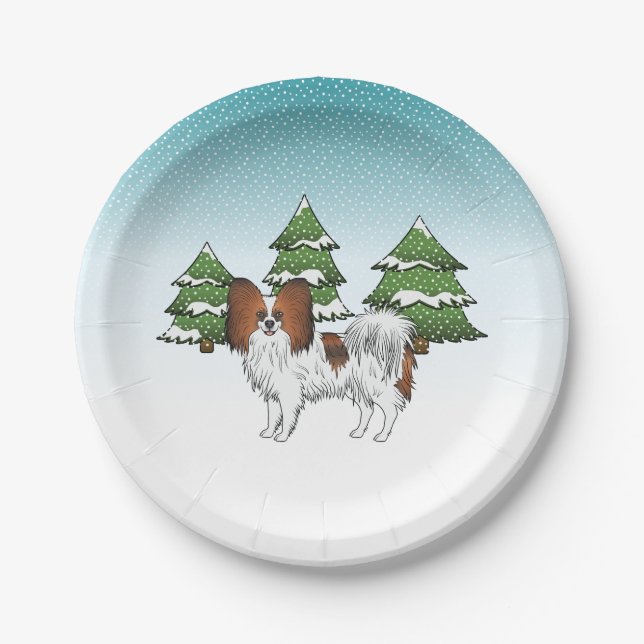 Red Sable Papillon Cute Dog In A Winter Forest Paper Plates (Front)