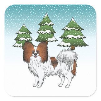 Red Sable Papillon Cute Dog In A Winter Forest Square Sticker