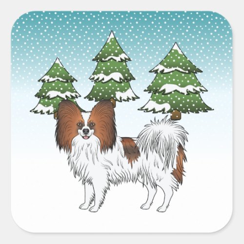 Red Sable Papillon Cute Dog In A Winter Forest Square Sticker