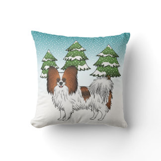Red Sable Papillon Cute Dog In A Winter Forest Throw Pillow