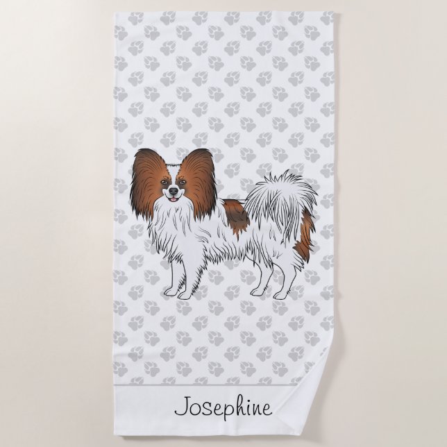 Red Sable Papillon Cute Dog With Custom Text Beach Towel (Front)