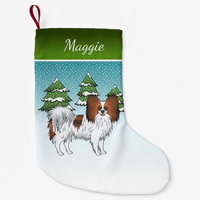Red Sable Papillon Cute Happy Dog In Winter Forest Small Christmas Stocking (Front)
