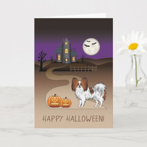 Red Sable Papillon Dog And Halloween Haunted House Card