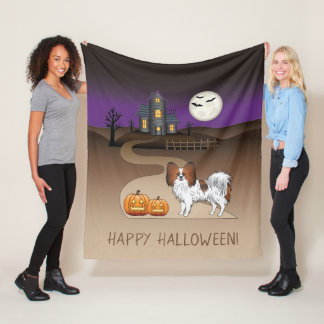 Red Sable Papillon Dog And Halloween Haunted House Fleece Blanket