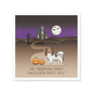 Red Sable Papillon Dog And Halloween Haunted House Napkins