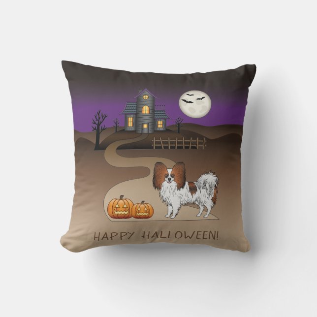 Red Sable Papillon Dog And Halloween Haunted House Throw Pillow (Front)