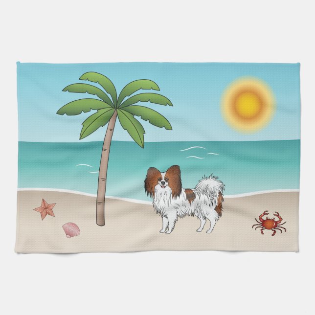 Red Sable Papillon Dog At A Tropical Summer Beach Kitchen Towel (Horizontal)