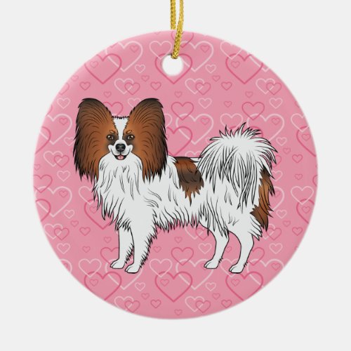 Red Sable Papillon Dog On Pink Hearts Pet Memorial Ceramic Ornament
