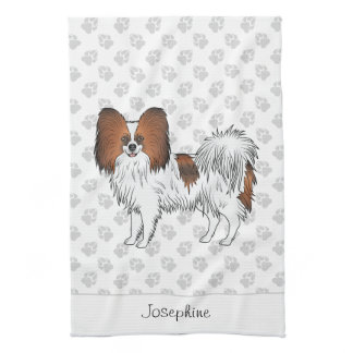 Red Sable Papillon Dog With Paws And Text Kitchen Towel