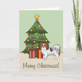 Red Sable Papillon Happy Dog By A Christmas Tree Card