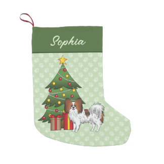 Red Sable Papillon Happy Dog By A Christmas Tree Small Christmas Stocking