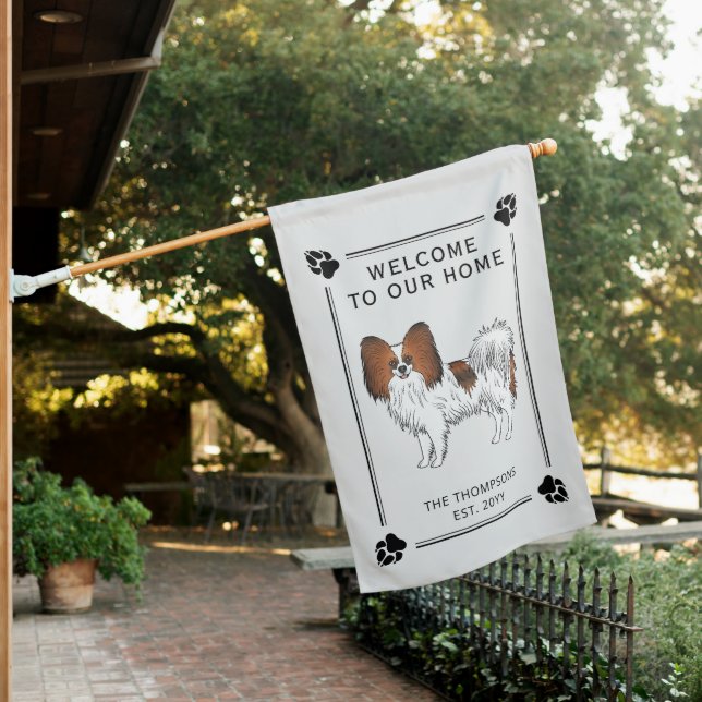 Red Sable Papillon Happy Dog With Custom Text House Flag (In SItu)