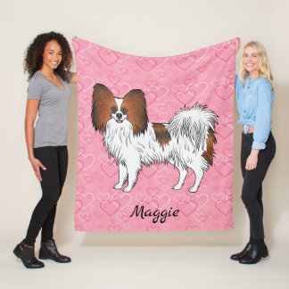 Red Sable Papillon Toy Breed Dog On Pink Hearts Fleece Blanket