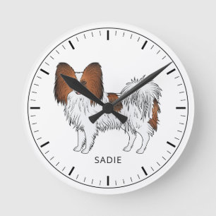Red Sable Papillon Toy Spaniel Dog And Custom Text Round Clock