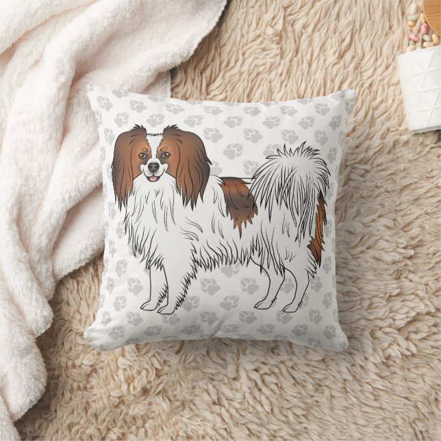Red Sable Phalène Cartoon Dog On Gray Paw Prints Throw Pillow (Blanket)