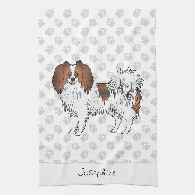 Red Sable Phalène Cartoon Dog With Custom Name Kitchen Towel (Vertical)