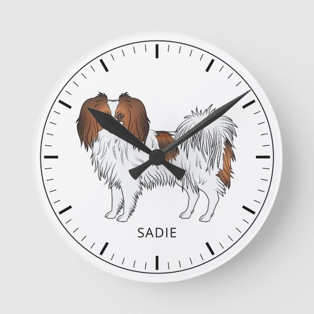 Red Sable Phalène Cartoon Dog With Custom Text Round Clock (Front)
