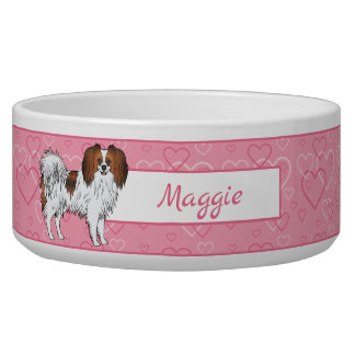 Red Sable Phalène Dog On Pink Hearts With Name Bowl