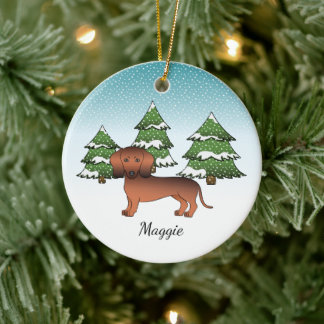 Red Sable Short Hair Dachshund In A Winter Forest Ceramic Ornament