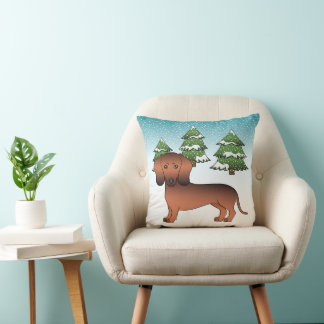 Red Sable Short Hair Dachshund In A Winter Forest Throw Pillow