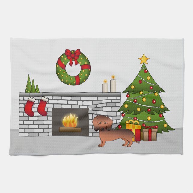 Red Sable Smooth Coat Dachshund In Christmas Room Kitchen Towel (Horizontal)