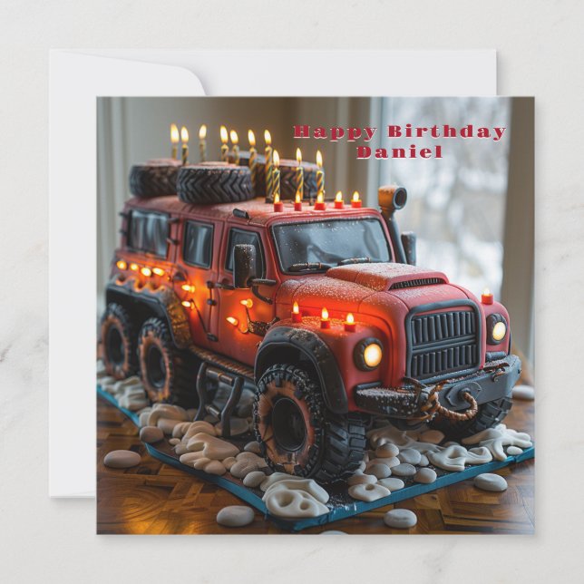 Red Safari Truck Birthday Cake  Card (Front)