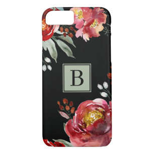 Red & Sage Green Watercolor Flowers Monogram iPhone 8/7 Case