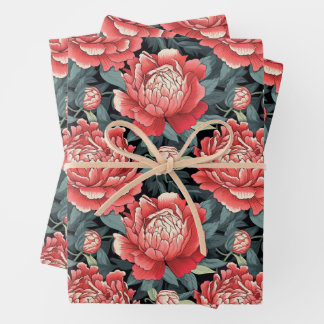 Red & Sage Peony Flowers Wrapping Sheets Set of 3