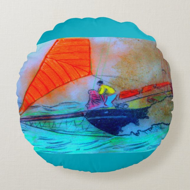 red sail schooner round throw pillow (Front)