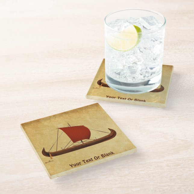 Red Sail Viking Ship II Glass Coaster (Angled)