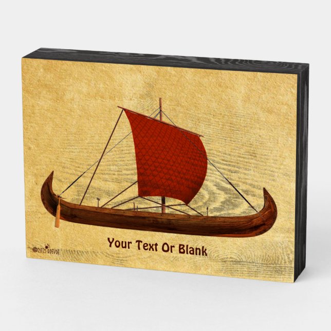 Red Sail Viking Ship II Wooden Box Sign (Angled Horizontal)