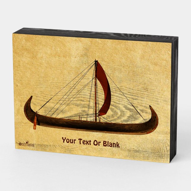 Red Sail Viking Ship Wooden Box Sign (Angled Horizontal)