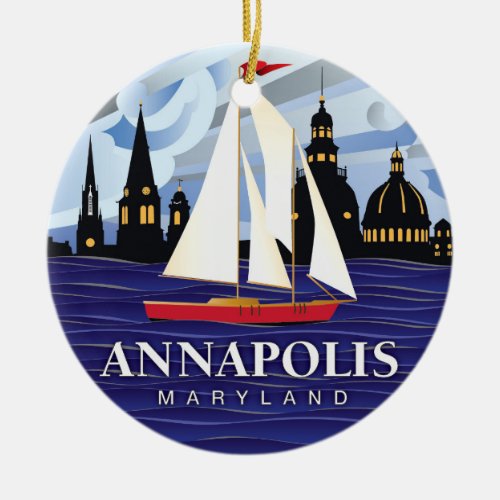 Red Sailboat Annapolis MD Coastal Ceramic Ornament