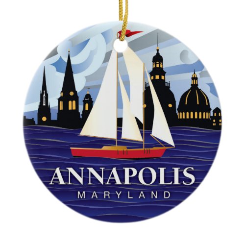 Red Sailboat Annapolis MD Coastal Ceramic Ornament