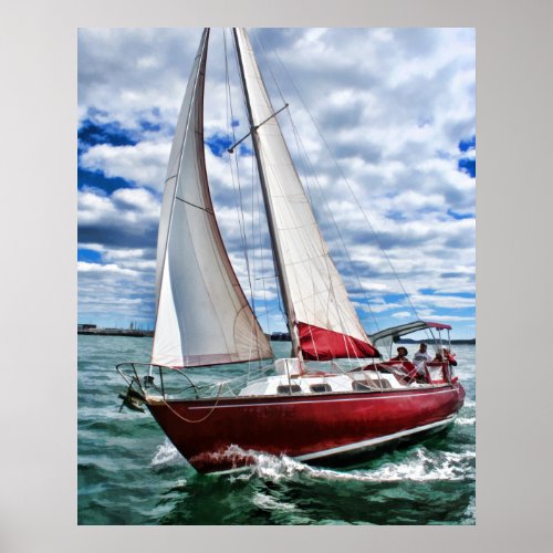 Red Sailboat Blue Sky Green Sea Poster
