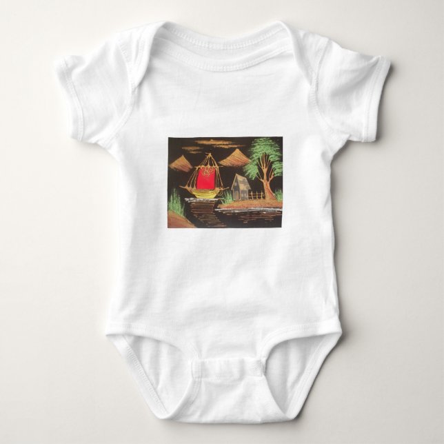 Red Sailboat Landscape Oil Painting Art Print Baby Bodysuit (Front)