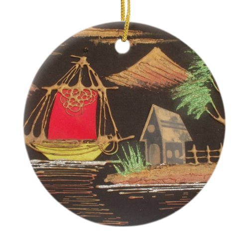 Red Sailboat Landscape Oil Painting Art Print Ceramic Ornament
