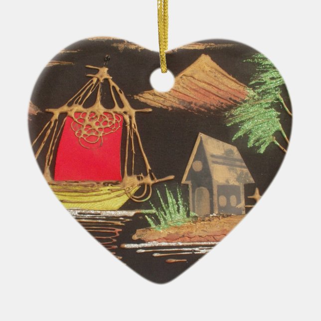 Red Sailboat Landscape Oil Painting Art Print Ceramic Ornament (Front)