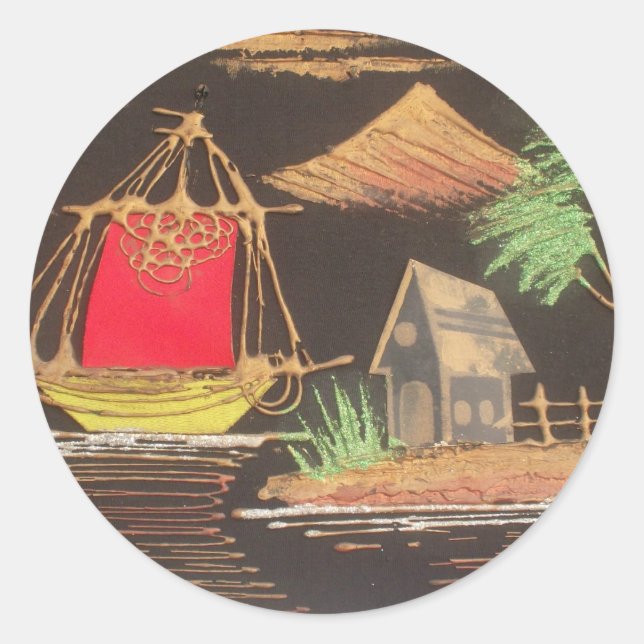 Red Sailboat Landscape Oil Painting Art Print Classic Round Sticker (Front)